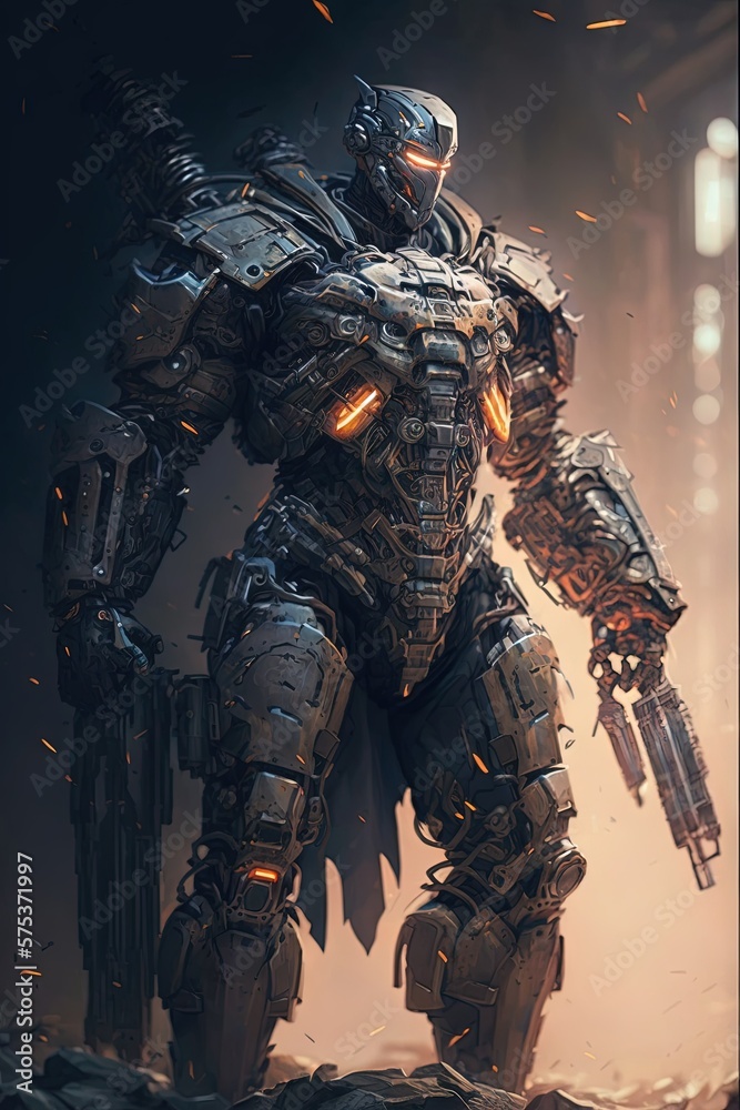 a full body portrait of a robot soldier with a big weapon cyberpunk Generative AI