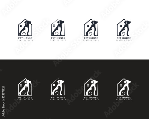 Dog and cat house home logo design template, pet love logo design suitable for pet shop, store, cafe, business, hotel, veterinary clinic, Domestic animal vector illustration logotype, sign or symbol.