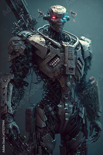 a full body portrait of a robot soldier with a big weapon cyberpunk Generative AI © Whitefeather