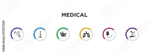 medical filled icons with infographic template. glyph icons such as ear, electric toothbrush, pancreas, lungs, transfusion, antibiotic vector.