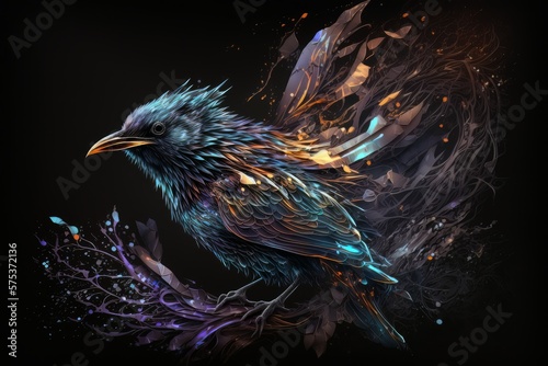 An abstract colorfull bird on a darker background. Generative AI Technology