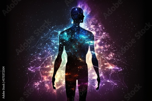 Astral body silhouette with energy, esoteric, spiritual life and meditation concept. Afterlife and near death experience. Generative AI Technology © Luisa