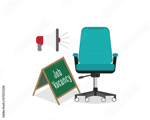 A vector of office chair with board written job vacancy and hailer on white background.