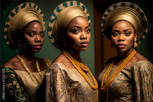 Generative AI. young ladies wearing same traditional outfits.
