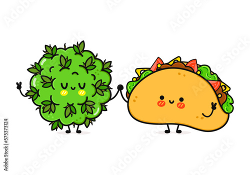 Cute, funny happy taco and marijuana weed bud character. Vector hand drawn cartoon kawaii characters, illustration icon. Funny cartoon happy taco and marijuana weed bud friends