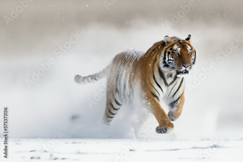 In order to hunt, Siberian tigers must run quickly through the snow. The photo has a lot of energy. China. Harbin. The region of Mudanjiang. It's in a park called Hengdaohezi. Wild Animal Park of Sibe photo