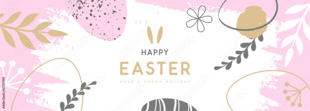 Happy Easter eggs with floral decorative elements and rabbit ears. Flat style. Modern Easter background. Greeting card or poster. Vector illustration