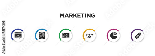 marketing filled icons with infographic template. glyph icons such as favorite web, gazette, crm, behavior, ratio, price vector.
