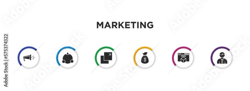 marketing filled icons with infographic template. glyph icons such as campaign, diversify, pop up, get money, web package, salesman vector.