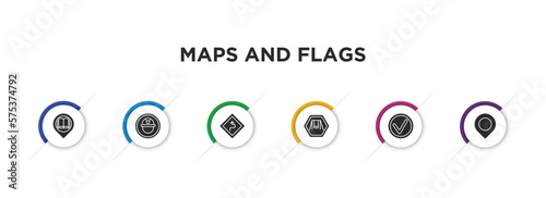 maps and flags filled icons with infographic template. glyph icons such as reading zone, mine site, curves ahead, swings, mark, locato vector.