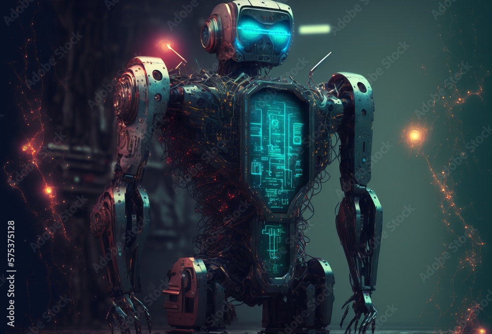 Naklejka premium artificial intelligence concept with robot using laptop, generative ai
