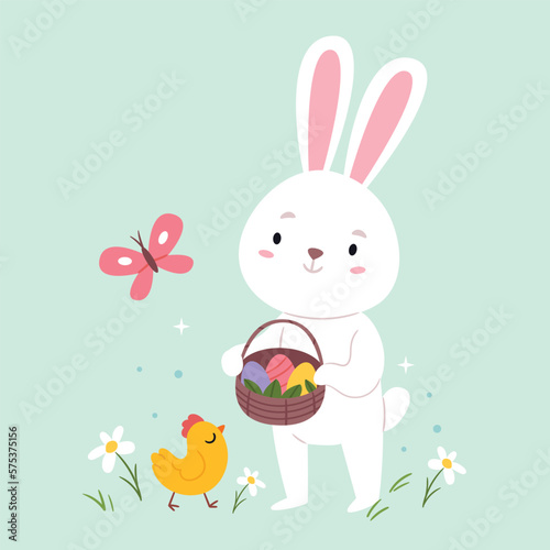 Easter bunny holding a basket of eggs.Easter card.Cute spring illustration.Easter bunny holding a basket of eggs.Easter card.Cute spring illustration.
