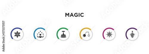 magic filled icons with infographic template. glyph icons such as esoteric, juggler, acrobatic, fetters, ritual, potion vector.