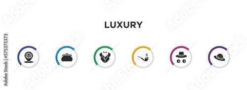 luxury filled icons with infographic template. glyph icons such as jewelry store, clutch, tuxedo, smoke pipe, ganster, bowler hat vector.