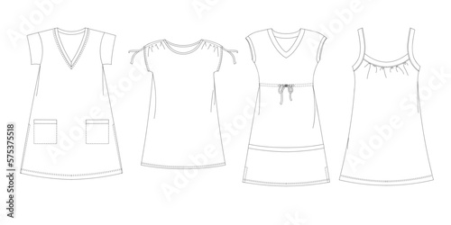 Woman dresses, shirts and tunics technical drawing, template, sketch, flat, mock up. Jersey or woven fabric dress front view, white color