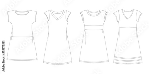 Woman dresses, shirts and tunics technical drawing, template, sketch, flat, mock up. Jersey or woven fabric dress front view, white color