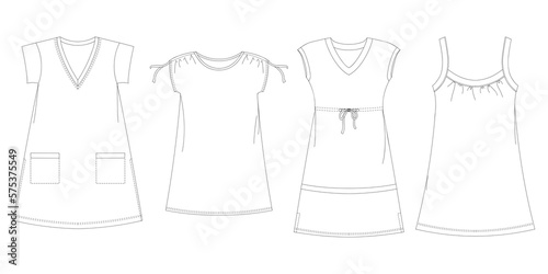 Woman dresses, shirts and tunics technical drawing, template, sketch, flat, mock up. Jersey or woven fabric dress front view, white color