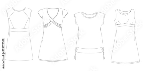 Woman dresses, shirts and tunics technical drawing, template, sketch, flat, mock up. Jersey or woven fabric dress front view, white color
