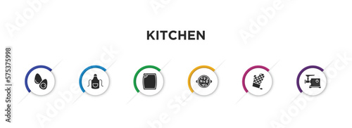 kitchen filled icons with infographic template. glyph icons such as eggs, apron, cutting board, paella, mitten, meat grinder vector.