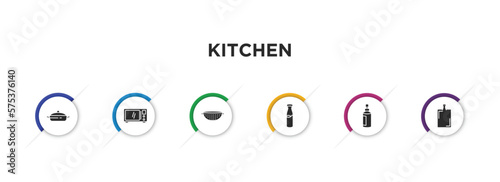 kitchen filled icons with infographic template. glyph icons such as cooking pot, microwave oven, nder, milk, soap dispenser, kitchen board vector.