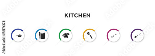 kitchen filled icons with infographic template. glyph icons such as stew pot, aluminum foil, chef hat, pizza cutter, strainer, ladle vector.