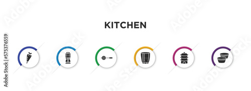 kitchen filled icons with infographic template. glyph icons such as pastry bag, coffee maker, sugar sifter, glass, steamer, custard cup vector.