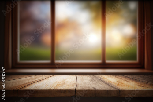 Empty of wood table top on blur of curtain window glass with sunlight background. Generative AI