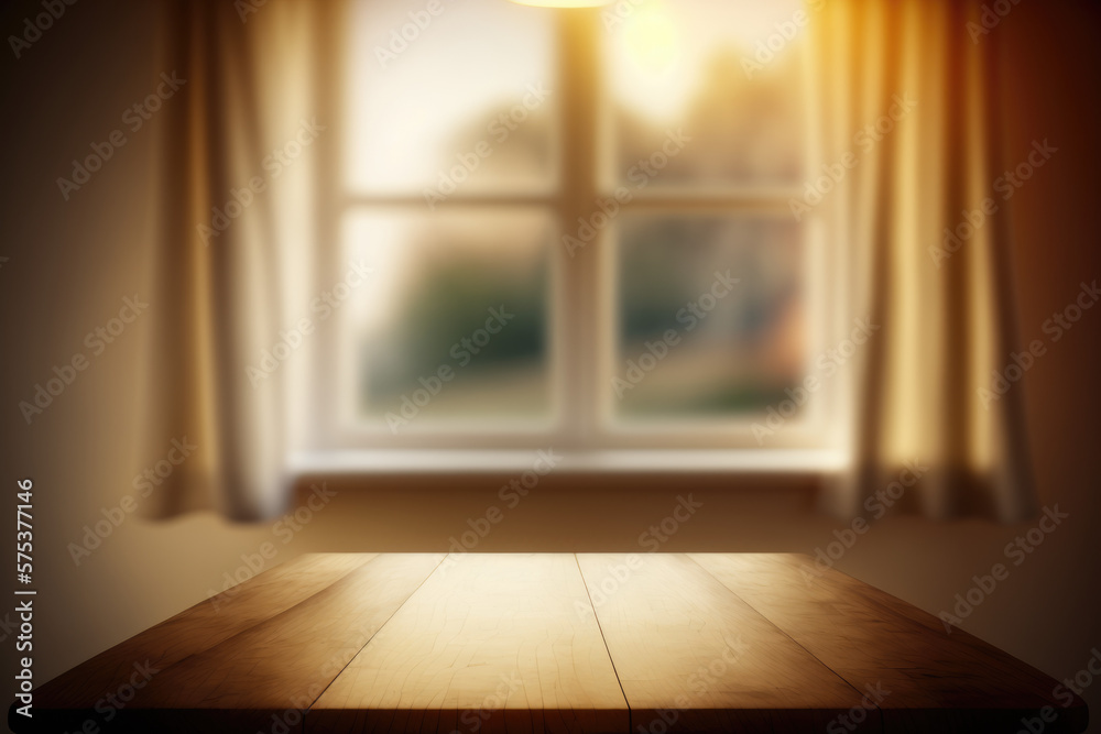 Empty of wood table top on blur of curtain window glass with sunlight background. Generative AI Empty of wood table top on blur of curtain window glass with sunlight background. Generative AI
