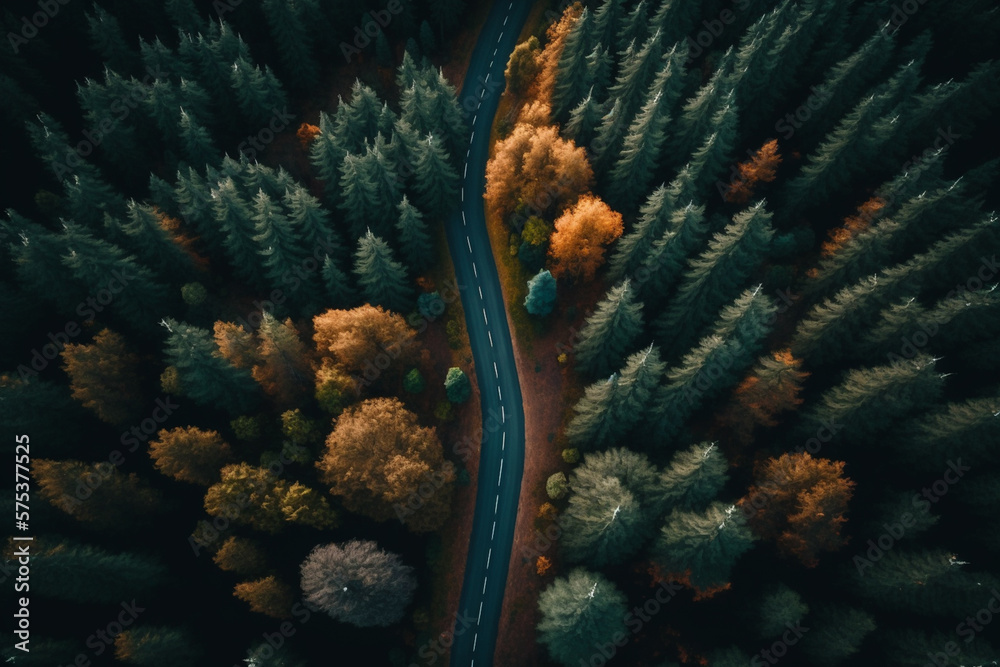 Drone view of a road going through a green forest. - obrazy, fototapety, plakaty 