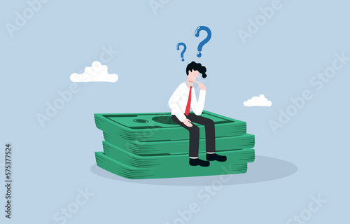 Seeking innovative solution to grow money, thinking about where to invest, financial strategic thinker concept, Businessman thinking about where to make money on pile of banknote.