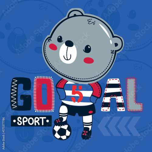 Cute teddy bear soccer stepping the ball on blue background illustration vector, for t-shirt print.