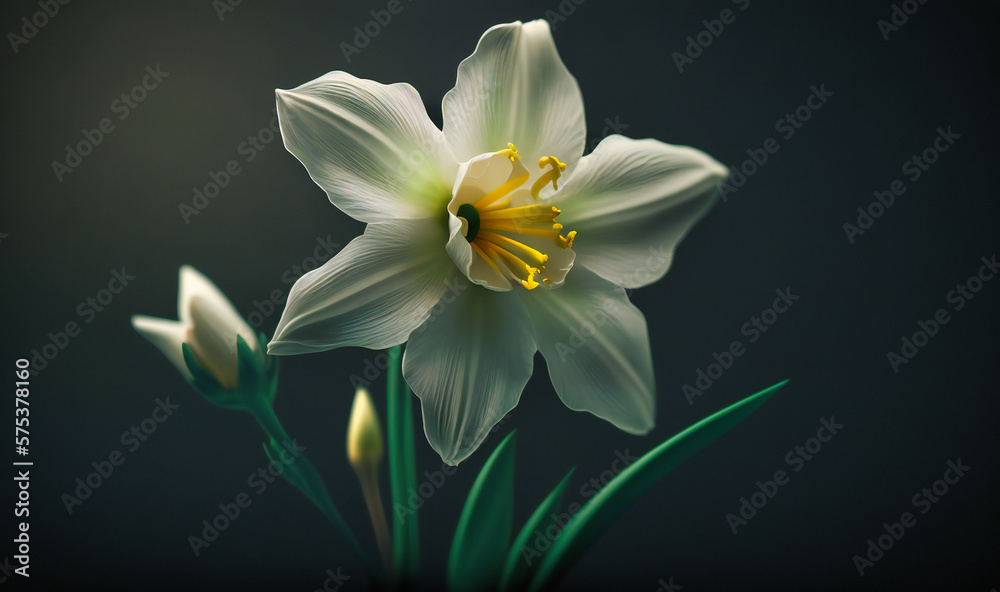 Obraz premium A delicate white daffodil, its trumpet-like center and soft petals captured in a close-up shot