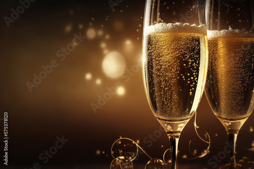 Champagne glasses, celebration for event, birthday or new year. Background banner for graphic design or advertisement. Sparkling bubbles.