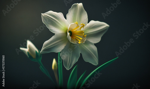 A delicate white daffodil  its trumpet-like center and soft petals captured in a close-up shot
