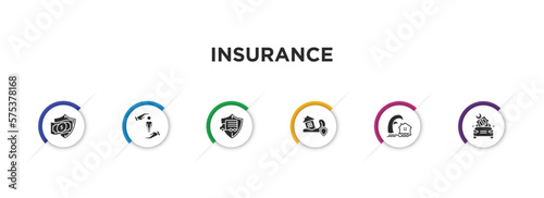 insurance filled icons with infographic template. glyph icons such as money insurance, protection, transport insurance, disaster, tsunami vehicle repair vector.
