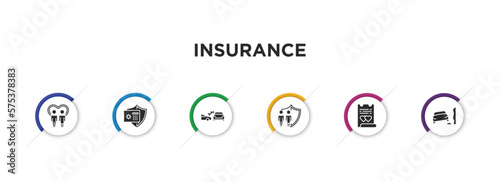 insurance filled icons with infographic template. glyph icons such as family care, bank safe, side crash, family insurance, marriage contract, stone on the road vector.