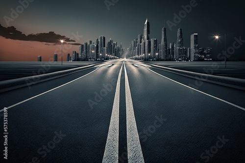 Highway and future urban skyline. AI technology generated image