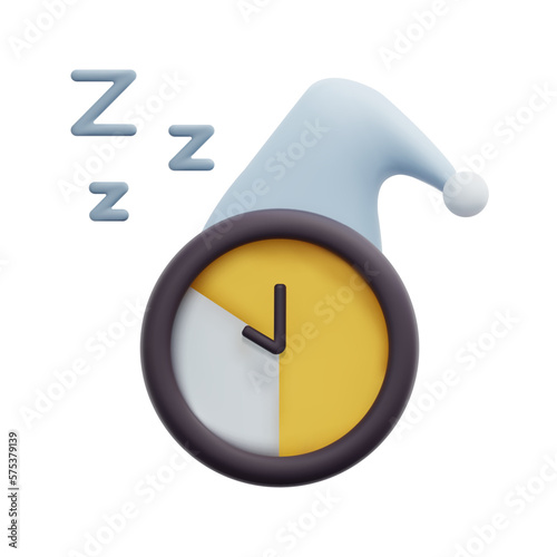 3d alarm clock sleeping icon vector. Isolated on white background. 3d night sleeping time, bedtime concept. Cartoon minimal style. 3d clock in sleeping hat icon vector render illustration.