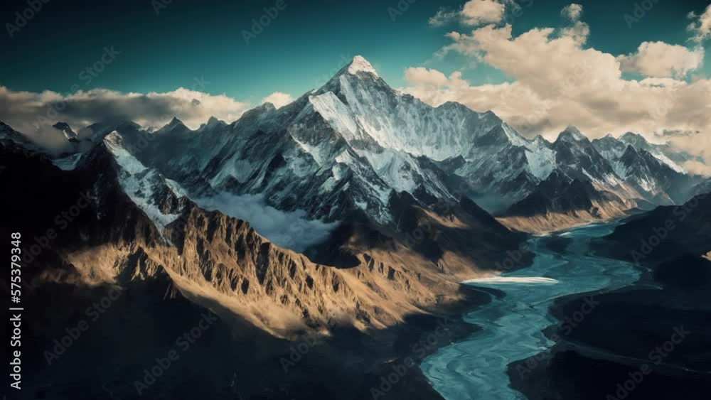 Flying above mountain range, beautiful winter aerial shot of frozen nature, camera flying to dramatic mountains covered with ice, realistic CG animation.