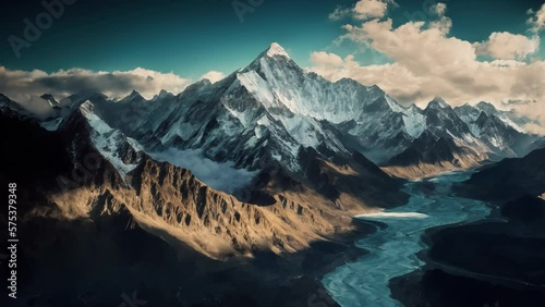 Flying above mountain range, beautiful winter aerial shot of frozen nature, camera flying to dramatic mountains covered with ice, realistic CG animation.