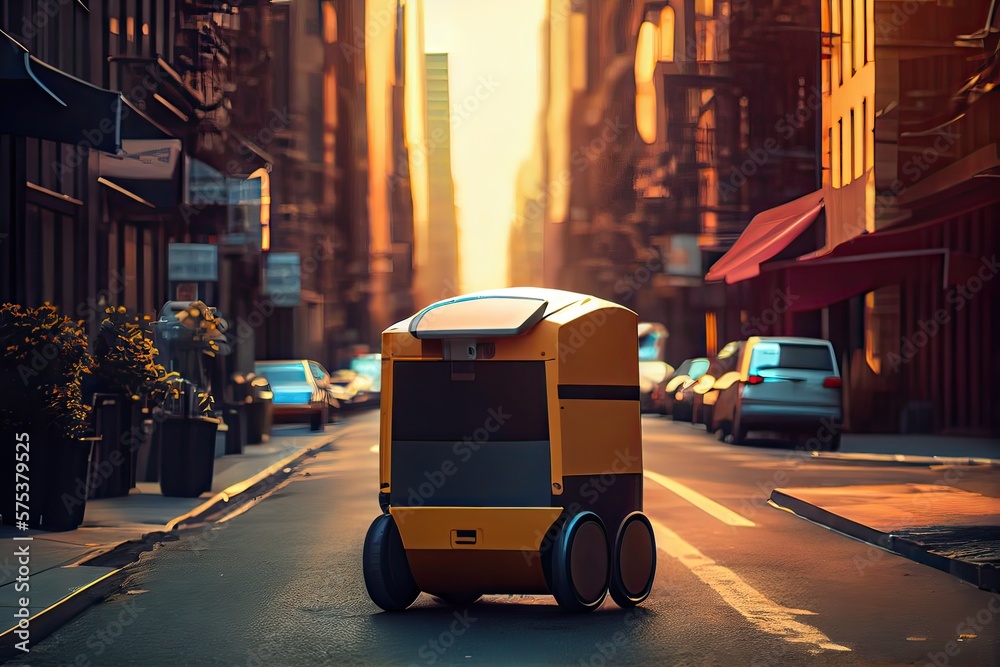 Fototapeta premium Generative AI illustration of the future of delivery technology with autonomous courier robots in bustling urban landscapes, a delivery robot as well as autonomous delivery cars created by a business