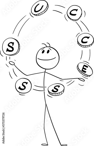 Businessman Juggling With Word Success , Vector Cartoon Stick Figure Illustration