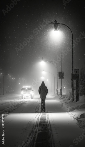 a monochromatic scene during snow storm much snow in the air snow falling foggy moody dimmed lantern lights Generative AI © Whitefeather