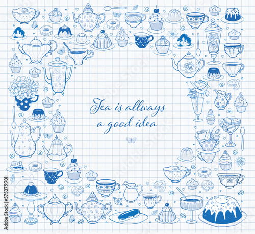 Card with english tea party doodles on lined paper background with place for your text. Vector pen sketch illustration.