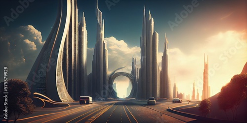 Generative AI illustration of fantasy futuristic city with highways and skyscrapers, cyber city