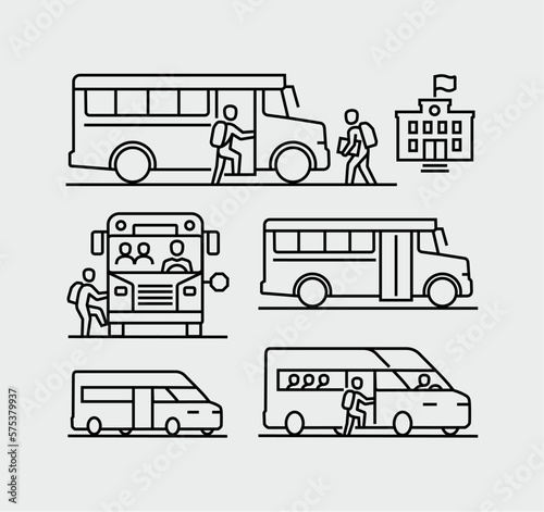 Student Getting on School Bus Vector Line Icons