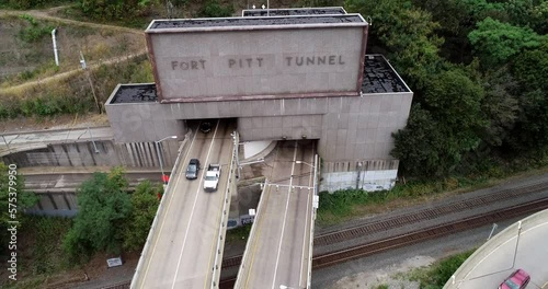 Fort Pitt Tunnel and Bridge in Pittsburgh, Pennsylvania. Traffic in Background photo