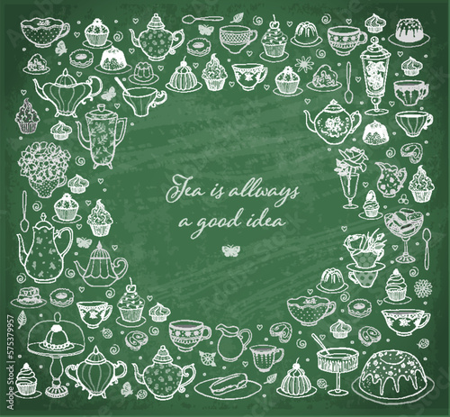 Card with english tea party doodles on blackboard background with place for your text. Vector sketch illustration.