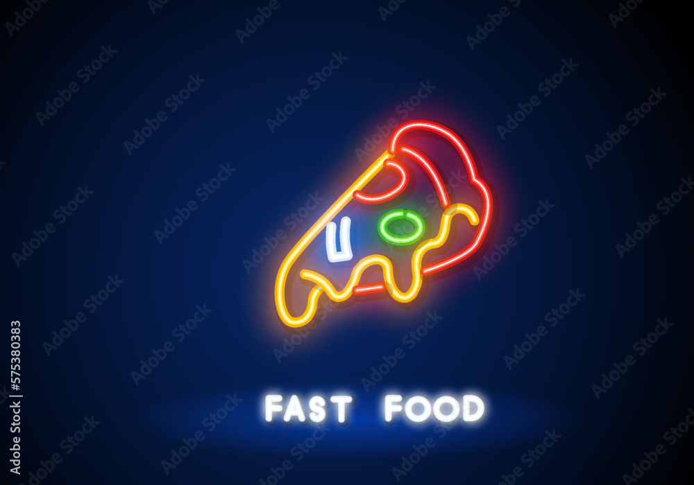 Vector neon pizza slice icon. Line street food sign illustration