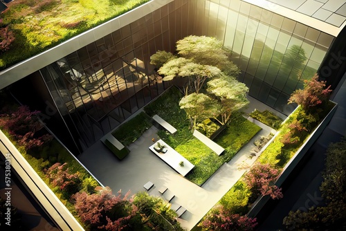 Generative AI illustration of Gorgeous garden on the rooftop of a contemporary glass office building in Asia photo